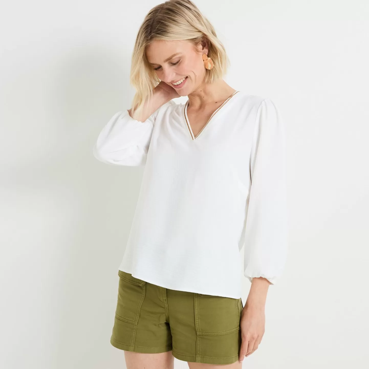 Grain de Malice Blouse Col V Manches 3/4 Femme- Chemisiers & Blouses