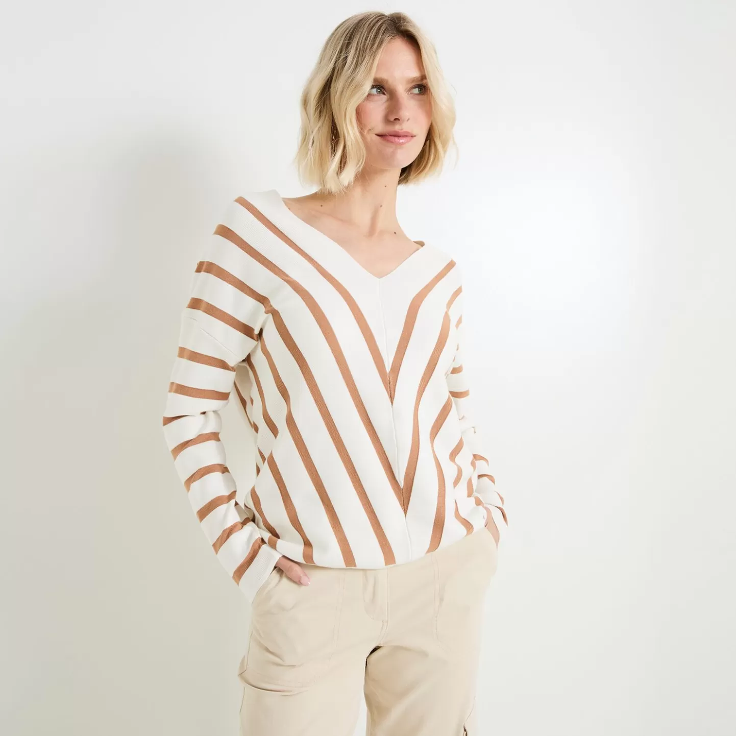 Grain de Malice Pull Col V à Rayures Femme- Pulls & Sweats
