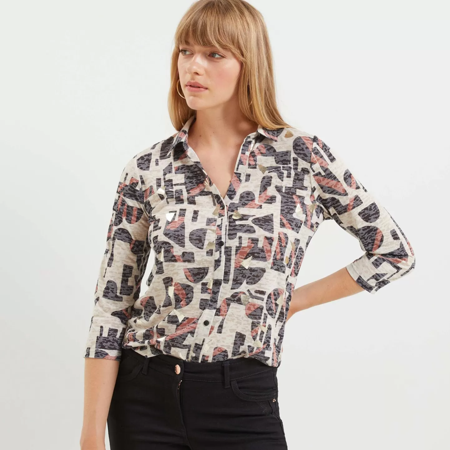 Grain de Malice T-shirt Col Chemise Imprimé- Chemisiers & Blouses