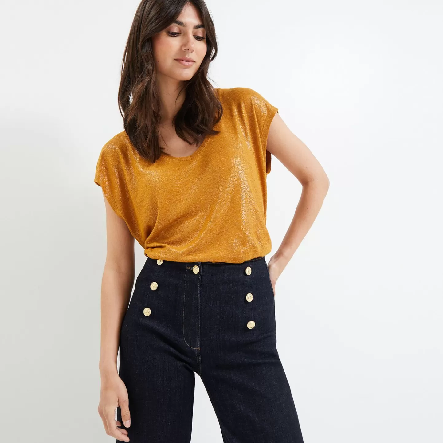 Grain de Malice Tshirt Uni En Lin Mélangé Femme- T-Shirts & Tops